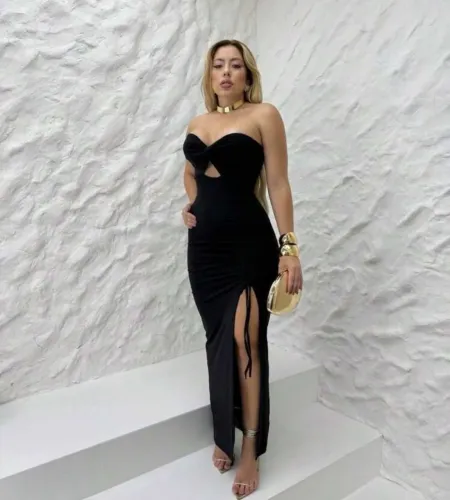 Vestido longo com fenda preto