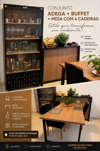 Jogo sala jantar, mesa, bancada e cristaleira adega
