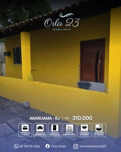 ARARUAMA ORLA 23 IMOBILIÁRIA VENDE! EXCELENTE CASA NA PRAIA DO BARBUDO E PRÓXIMO A LAGOA.