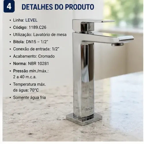 TORNEIRA DECA LEVEL 1189.C26 - NOVA, NUNCA INSTALADA