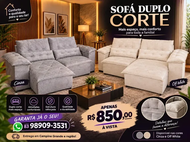 Promoção de estofados novos disponíveis para a compra, na cor da preferência.