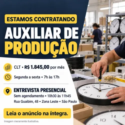 VAGA PARA AUXILIAR DE PRODUÇÃO - ZONA LESTE | SÃO PAULO