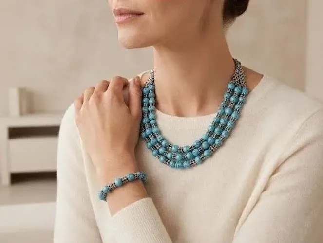 Conjunto Luxo: Colar + Pulseira em Turquesa e Metal Nobre de Luxo 