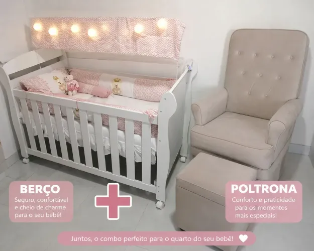 Poltrona de amamentação + Berço Americano 3 em 1 com Colchão Incluso e Rodízios
