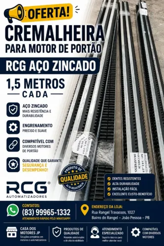 CREMALHEIRA PARA MOTOR DE PORTÃO GARAGEM RCG AÇO ZINCADO 1,5 METROS UNIVERSAL, RCG-15-AZ