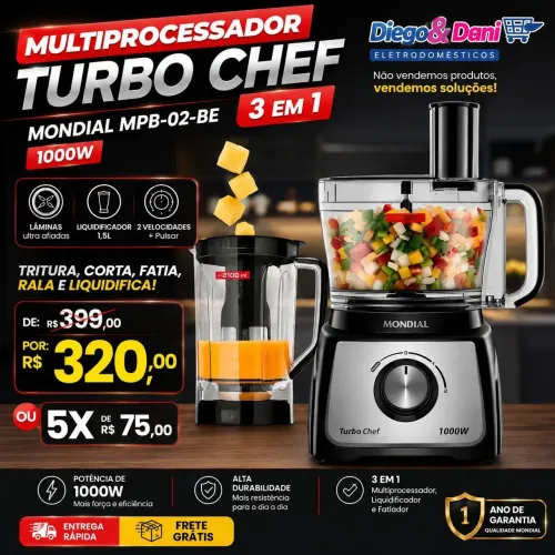 Multiprocessador Turbo Chef 3 Em 1 Mondial 1000w Mpb-02-be Preto 127v