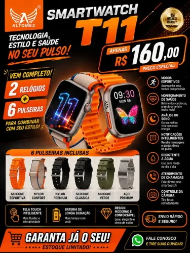 Kit Com 2 Smartwatches Altomex T11 + 6 Pulseiras Premium