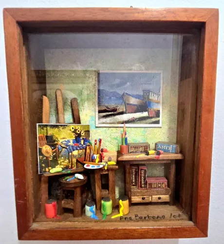 Quadro Diorama Miniatura Ateliê de Pinturas