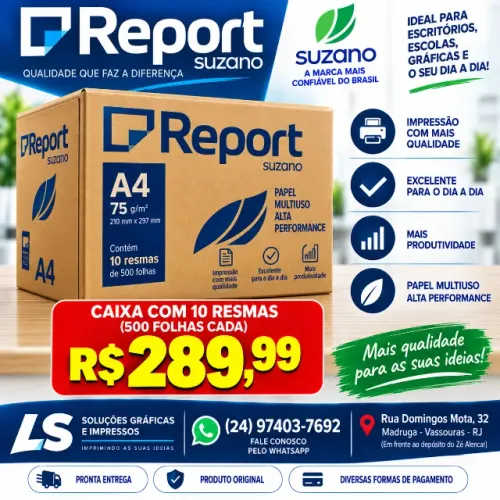 Papel A4 Report Suzano 75g - Caixa 10 Resmas