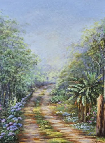Óleo sobre tela, paisagem caminho com hortencias por Lourdes de Lima