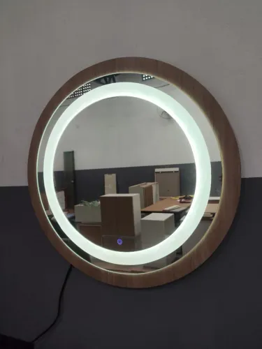 Espelho Redondo Decorativo Com Led Touch Screen Borda Madeira (Lindo!)