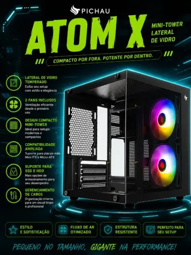 Gabinete Gamer Pichau Atom X Mini-Tower  Lateral de Vidro Com 2 Fans Preto (NOVO/LACRADO!)