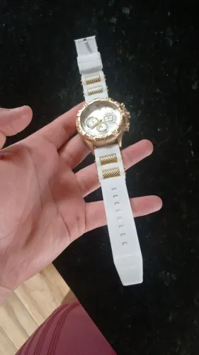 Relógio Masculino Dourado Com Pulseira Branca de Silicone - Novo