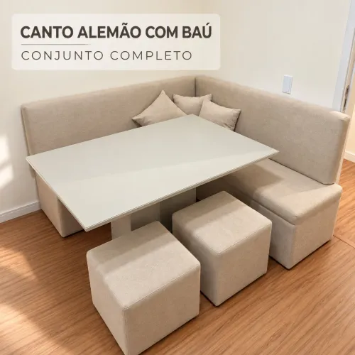 Canto Alemão com Baú + Mesa, 2 Pufes e 3 Almofadas