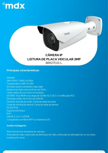Câmera IP 2MP Leitura de Placa Veicular BIM27021-L MDX
