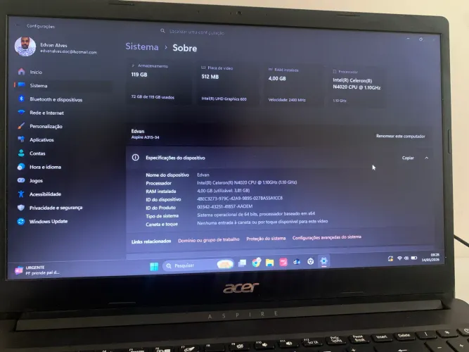 Notebook Acer Windows 11 Original | Celeron N4020 | 4GB RAM | SSD 128GB