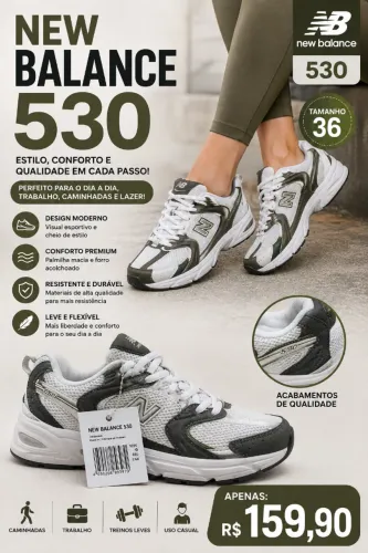Tenis New Balance 530 tam 36 Branco com Verde Musgo