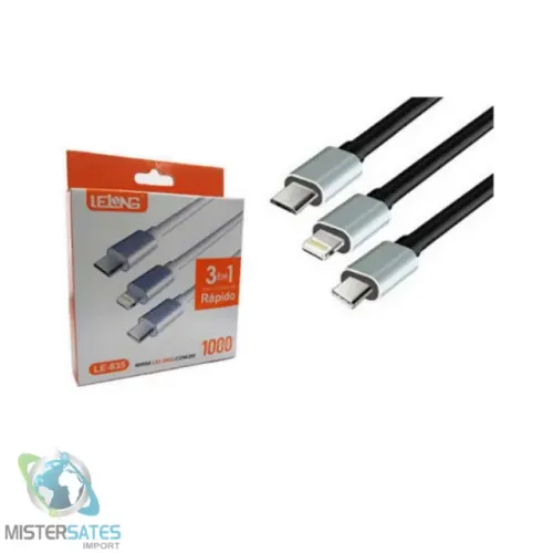 Cabo USB 3 em 1 V8, Iphone e Type C LE-835 - Lelong -COD 875