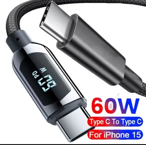 Cabo USB-C Duplo com Visor 60W- 1.2M - Carregamento Rápido