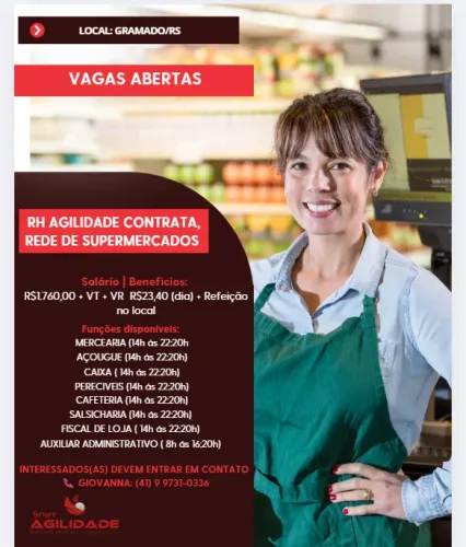 vagas de emprego rede de supermercados, Gramado RS 