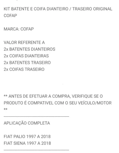 Kit Batente e Coifa Dianteiro e Traseiro Cofap Original Novo Palio e Siena