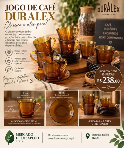 JOGO DE CAFÉ VINTAGE DURALEX ÂMBAR - 16 PEÇAS