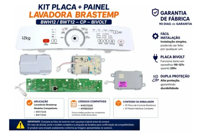Kit Placa + Painel Lavadora Brastemp Bwh12/Bwt12 Bivolt 127/220v