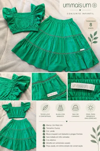 Conjunto Infantil Feminino Um Mais Um - Blusa Cropped e Saia Verde