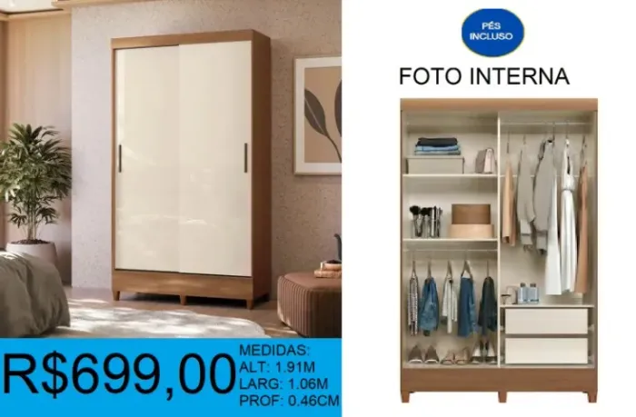 Roupeiro duas portas de correr novidade - compre hoje e receba em até 2 dias úteis
