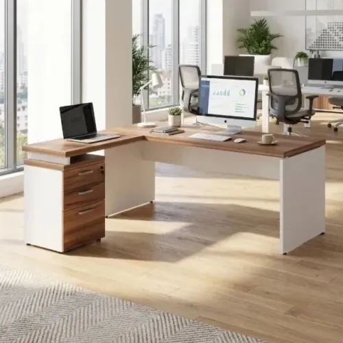 Mesa Em L Para Escritório Com Gaveteiro E Pasta Suspensa Design Moderno 34328