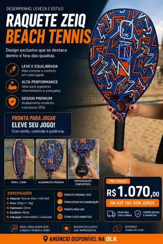 Raquete Beach Tennis Zeiq Original 22mm | Excelente Estado | 10x Sem Juros