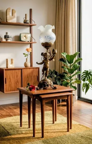 Luminária Vintage Abajur em Bronze Anjo Querubim - Abajur Clássico com Globo Vidro Jateado