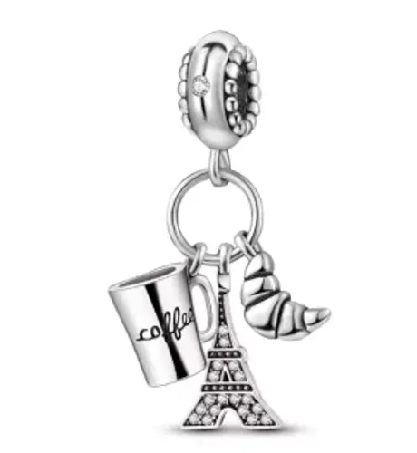 Berloque Tema Viagem Paris - Torre Eiffel, Café E Croissant (Prata 925)
