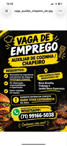 Vaga para auxiliar de cozinha/ chapeiro 