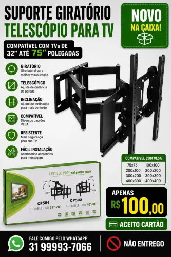 Suporte giratório e telescópio para tv ate 75