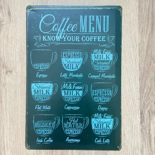 Quadro metálico Retrô Cafés, medida 20 x 30cm