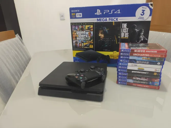 Ps4 slim 1 tb, controle original e 11 jogos