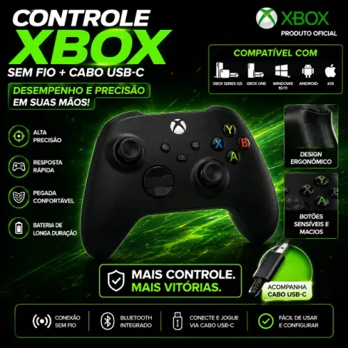 Controle Sem Fio Microsoft Xbox One Series com Cabo USB-C Preto