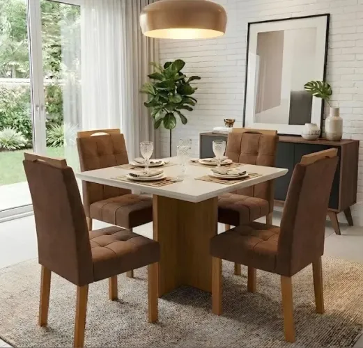 Conjunto de Jantar Compacto 4 Lugares com Vidro Off White e Veludo Marrom