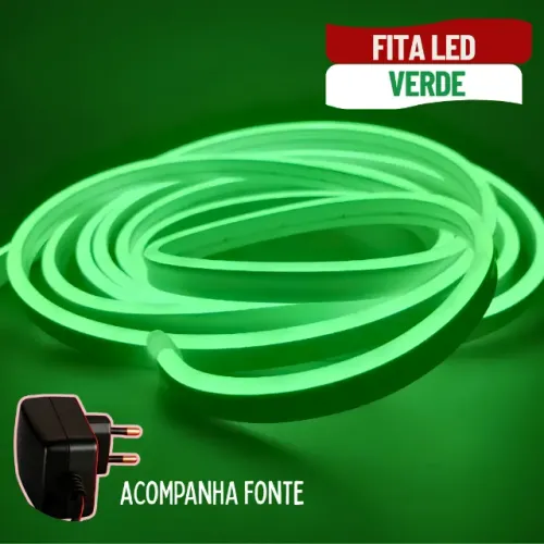 Mangueira Fita LED Neon 5m com Fonte 5A Luz Verde Alto Brilho Corte 2,5cm - SCS09