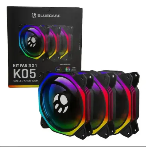 KIT FANS 120MM BLUECASE K05 PRETO ARGB E BOTÃO GABINETE