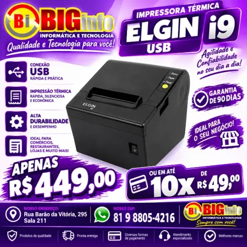 Impressora Elgin I9 Usb, Serial Cor Preta Em ate 10x Fixas
