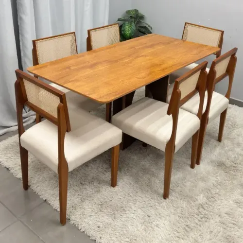 Mesa de Jantar Dubai Flex 160x80cm Sem Vidro e 6 Cadeiras Grecia em Linho Madeira Cel Móve