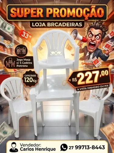 4 Cadeira Plástico Poltrona + Mesa - Conjunto Completo