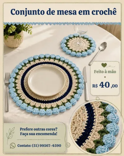 Crochê ( trilhos, sousplat e apoio de copo/xícara)