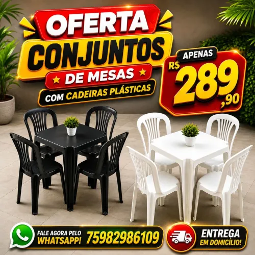 Jogos de mesas e cadeiras plásticas em promoção