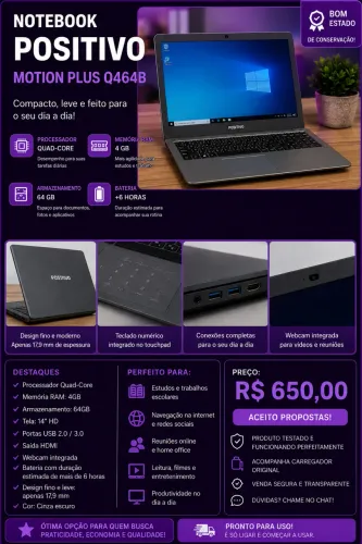 ? Notebook Positivo Motion Plus Q464B | 4GB RAM | 64GB | Pronto para Usar!