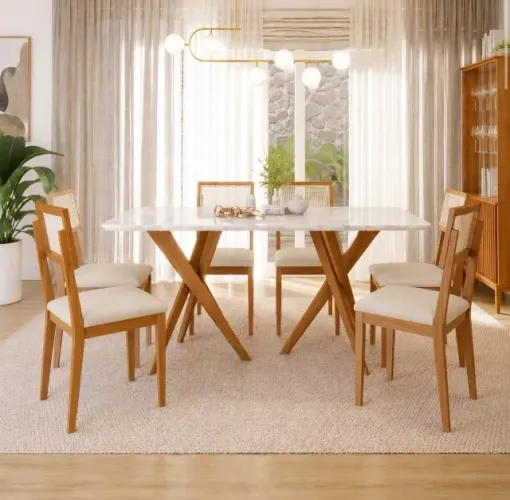 Conjunto Mesa de Jantar Montel 180 com Vidro e 6 Cadeiras Linho Bege