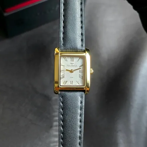 Relógio Technos Mini Quadrado dourado couro 2036NCL/0K