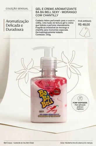 Gel Creme Aromatizante Ba Ba Bell Sexy - Morango c/ Chantilly - 250g
